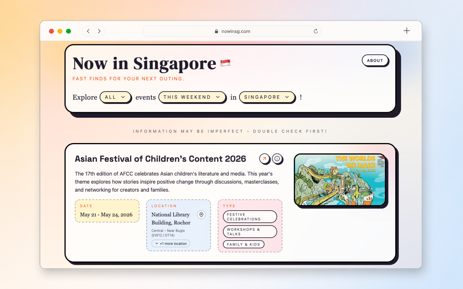 Now In Singapore desktop interface showing curated event listings.