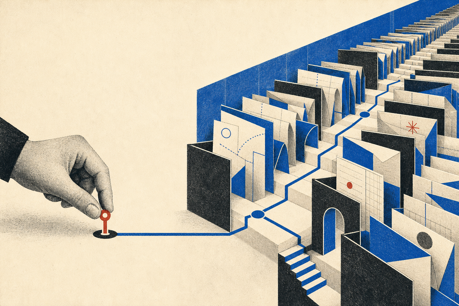 Illustrated cover showing a small, precise marker opening a vast archive of instructions