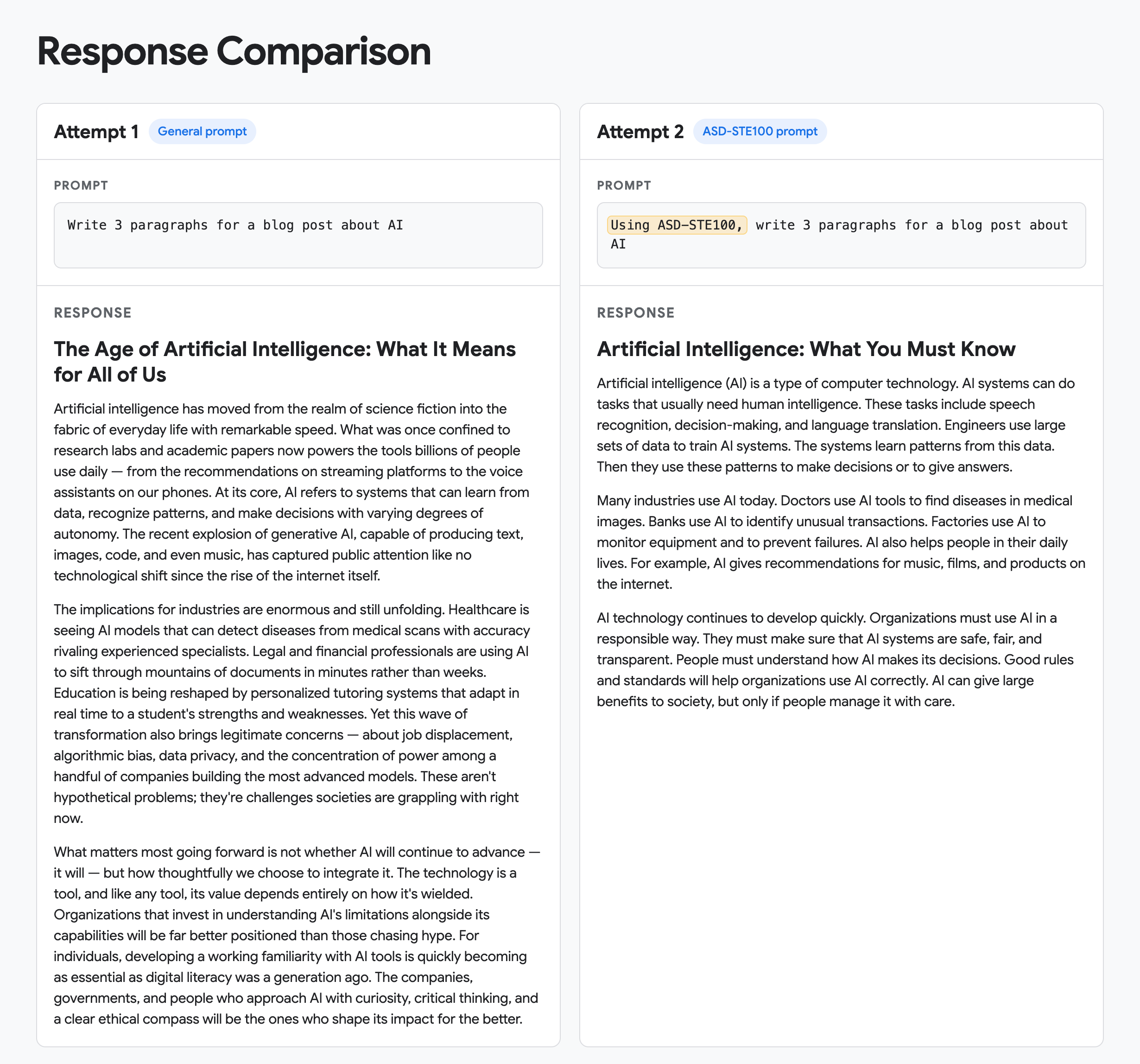 Comparison of a general AI writing prompt and one referencing ASD-STE100