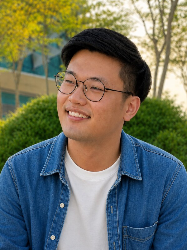 Jin outdoors, smiling in a denim shirt.