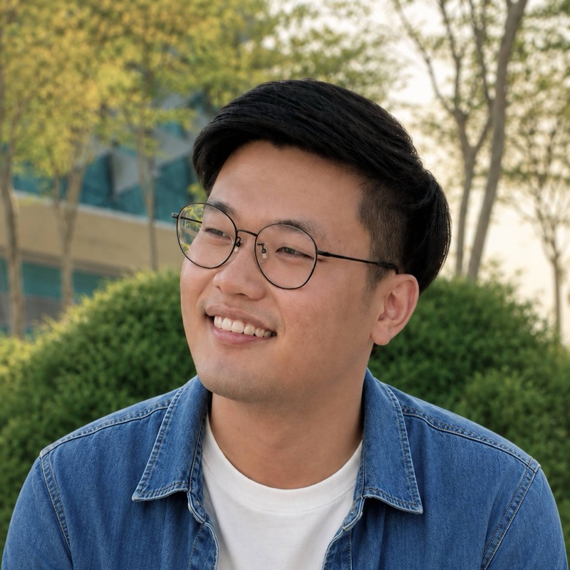 Jin outdoors, smiling in a denim shirt.