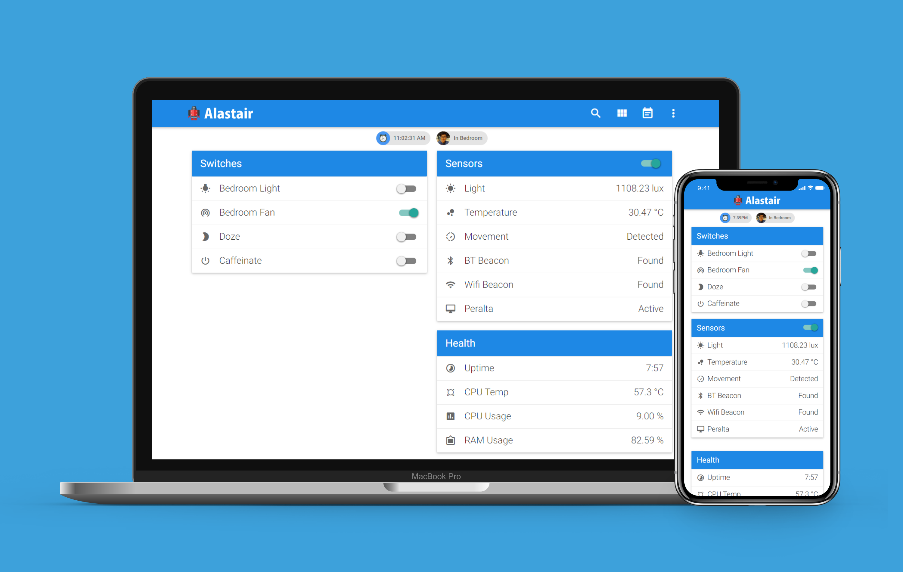 Alastair interface for monitoring and controlling home devices.