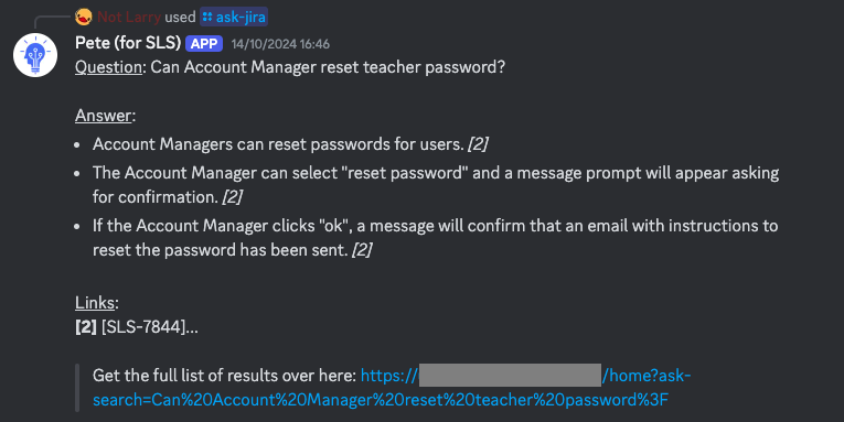 Pete for SLS embedded in a project work chat.