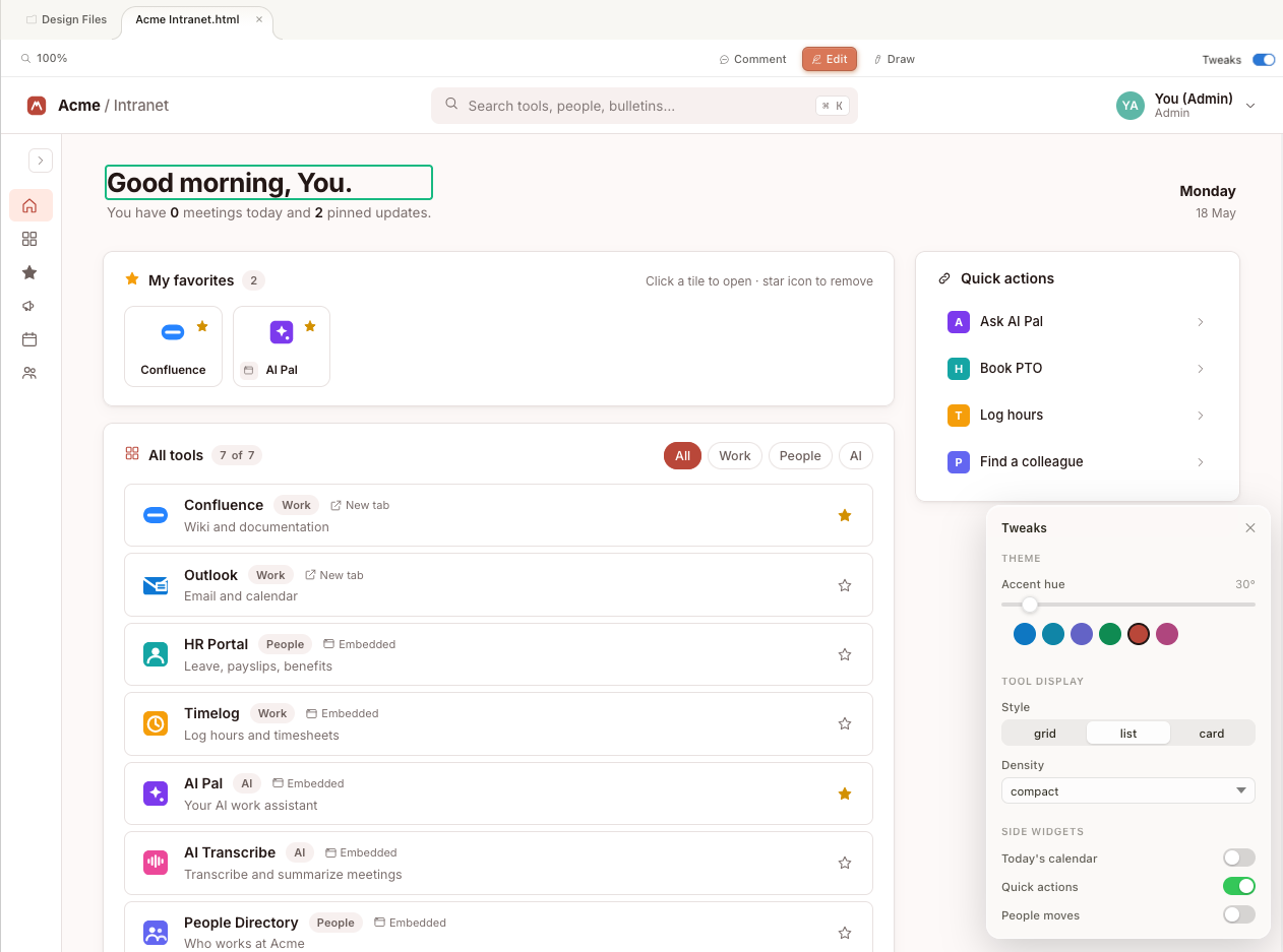 Claude Design tweaks panel with red accent settings