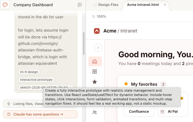 Claude Design generated prototype and prompt panel