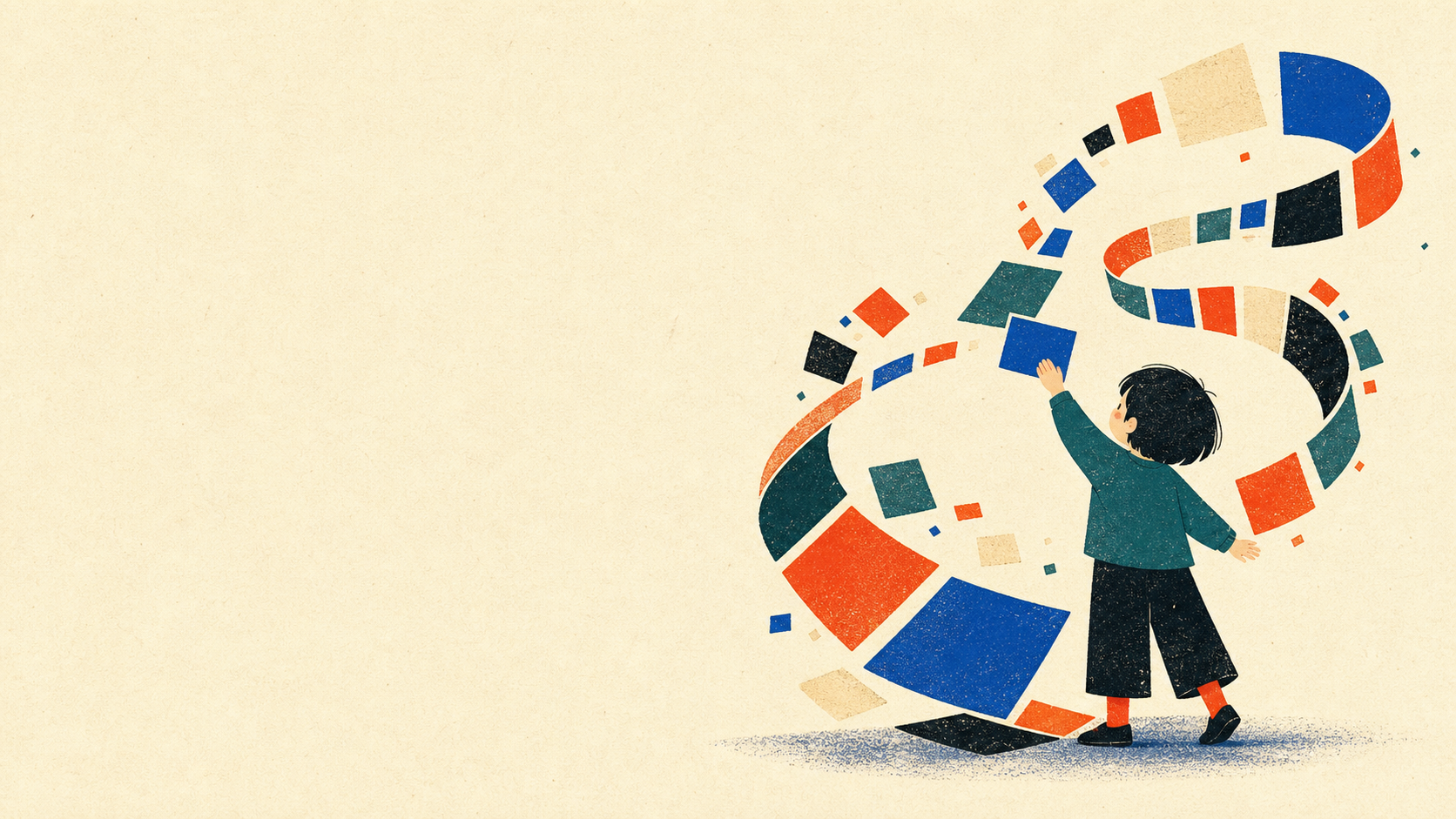 Illustration of play as a child-like figure exploring shifting abstract tiles
